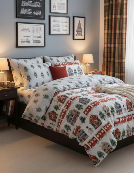 Komplet Pościeli 140x200+70x90 Scandic 075 Zima Święta Pociąg