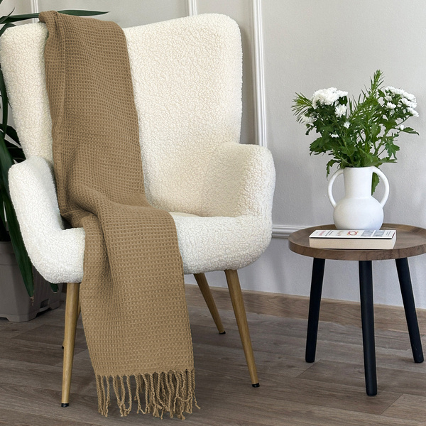 Koc Żakardowy Alta z Frędzlami Struktura Wafla Taupe Beż 200x220 cm