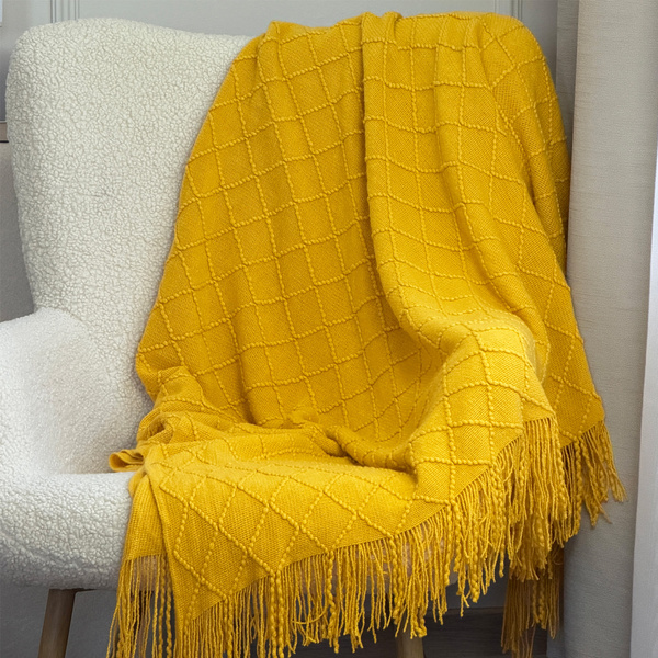 Koc Żakardowy Neria z Frędzlami Żółty 130x170 cm