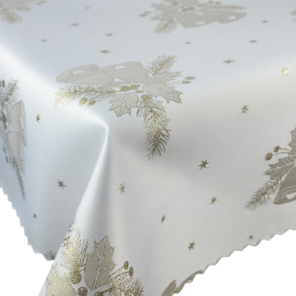 Dwustronny Obrus Plamoodporny Świąteczny Dzwonki Biały Złoty