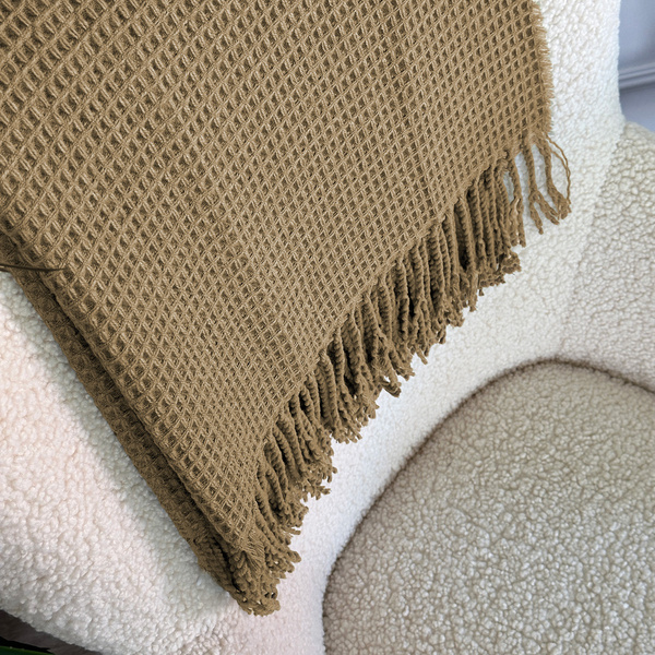 Koc Żakardowy Alta z Frędzlami Struktura Wafla Taupe Beż 200x220 cm