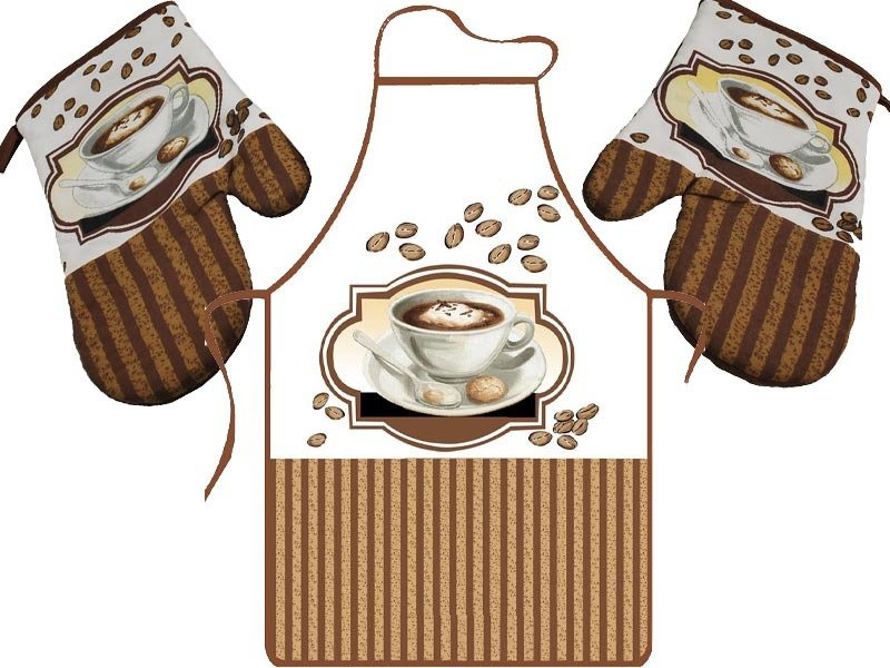 Fartuszek Kuchenny i 2 Rękawice Kuchenne Cappuccino 9578B Zestaw
