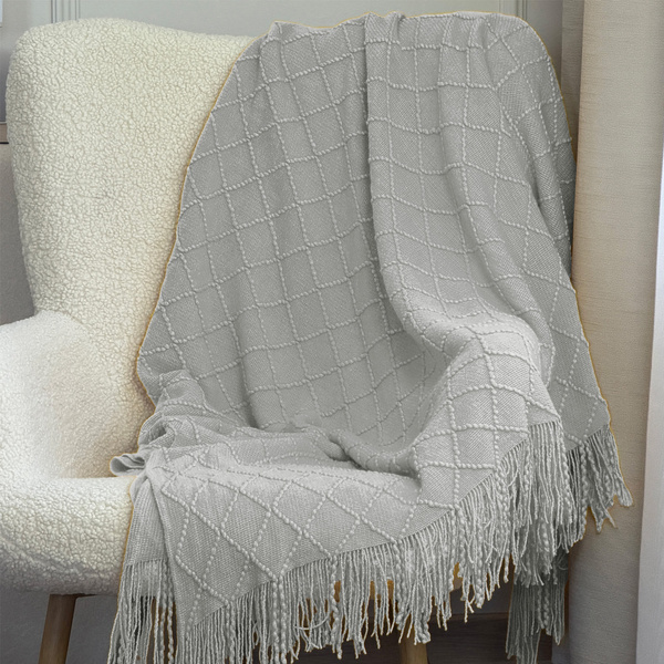Koc Żakardowy Neria z Frędzlami Popiel Jasnoszary 130x170 cm