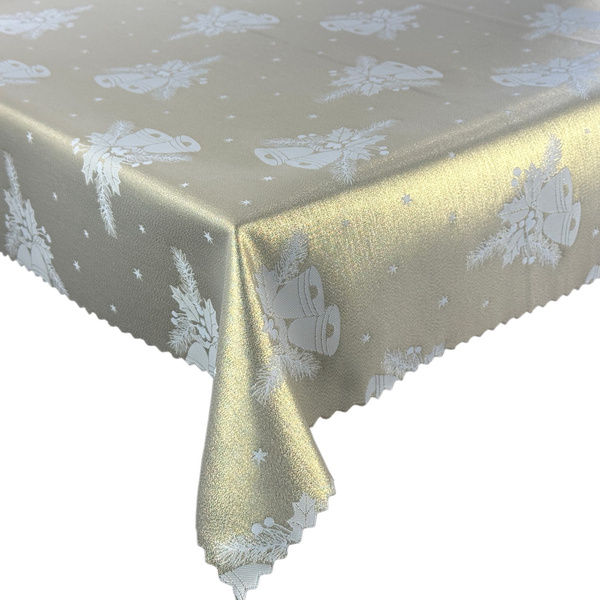 Dwustronny Obrus Plamoodporny Świąteczny Dzwonki Biały Złoty