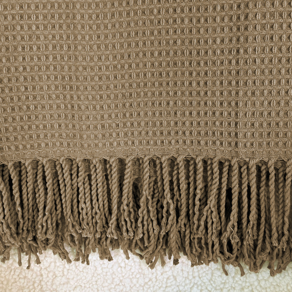 Koc Żakardowy Alta z Frędzlami Struktura Wafla Taupe Beż 150x200 cm