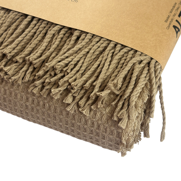 Koc Żakardowy Alta z Frędzlami Struktura Wafla Taupe Beż 150x200 cm